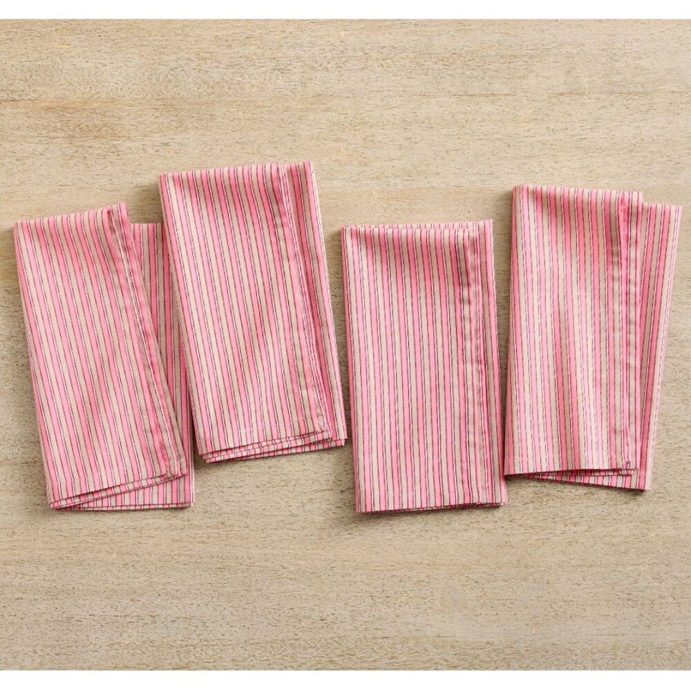 Pottery Barn Zeena Stripe Block Print Cotton Napkins - Set of 4